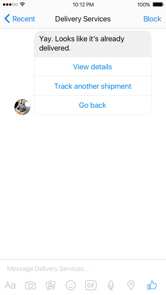 Facebook Messenger Delivery Bot Screenshot 2
