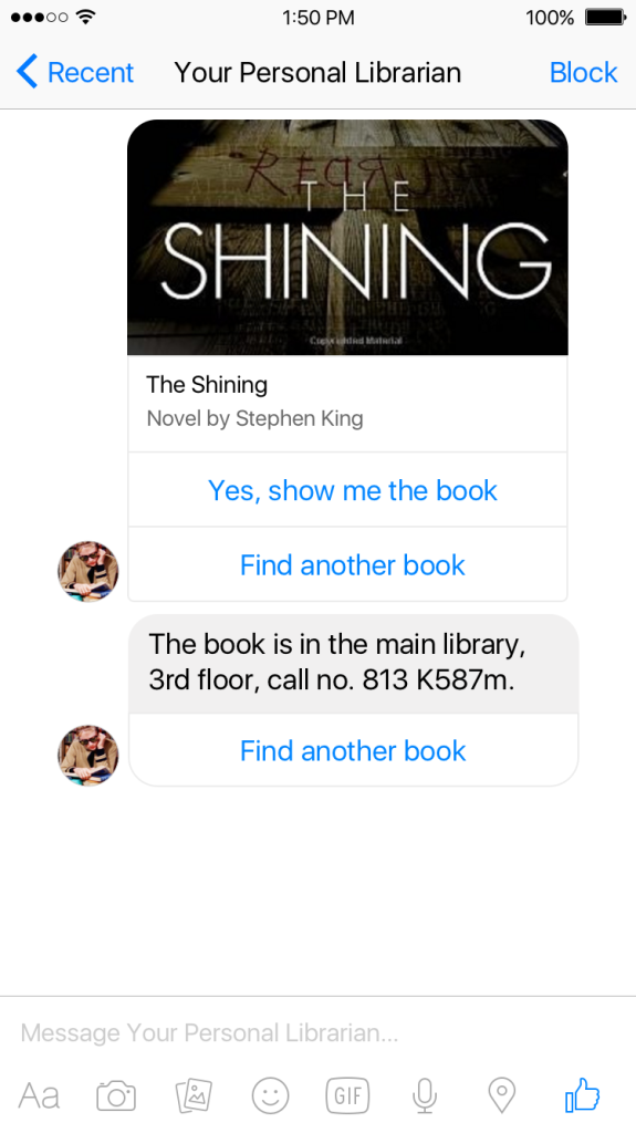 Facebook Messenger Librarian Bot Screenshot 2