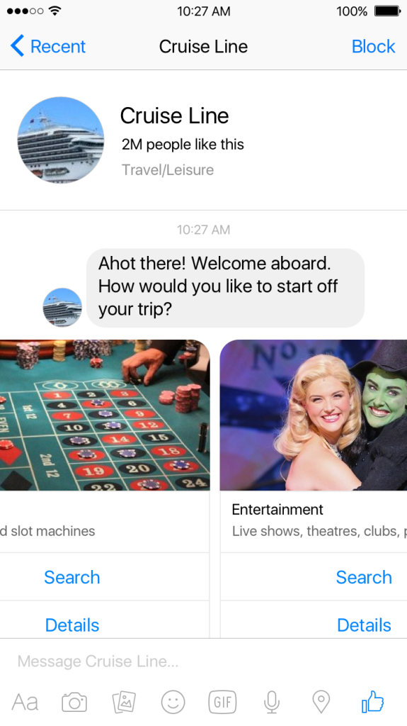 Facebook Messenger Cruise Line Bot Screenshot 1