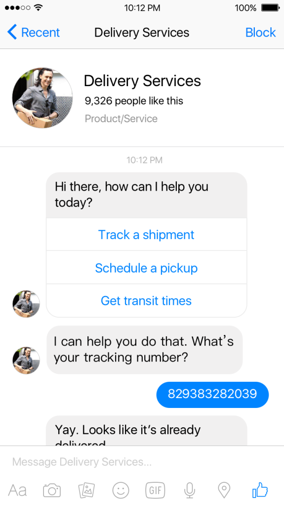Facebook Messenger Delivery Bot Screenshot 1