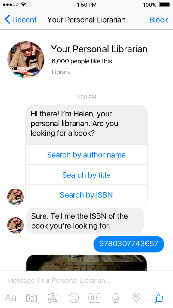 Facebook Messenger Librarian Bot Screenshot 1