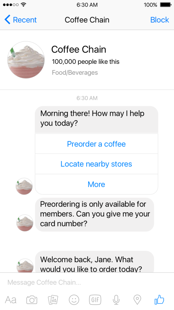 Facebook Messenger Coffee Bot Screenshot
