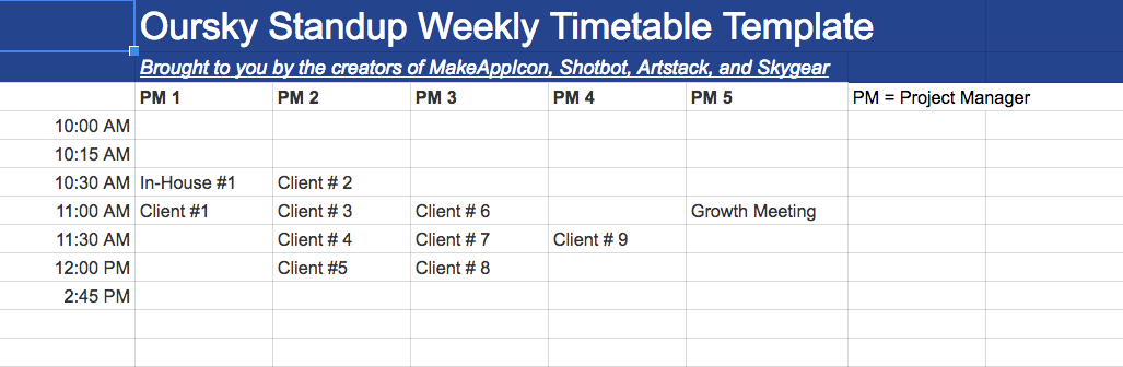 Oursky standup weekly timetable template